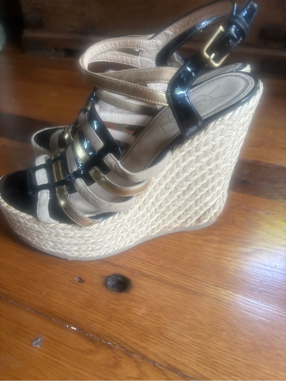 Yves Saint Laurent Black and Beige Espadrille Wedge Sandals
